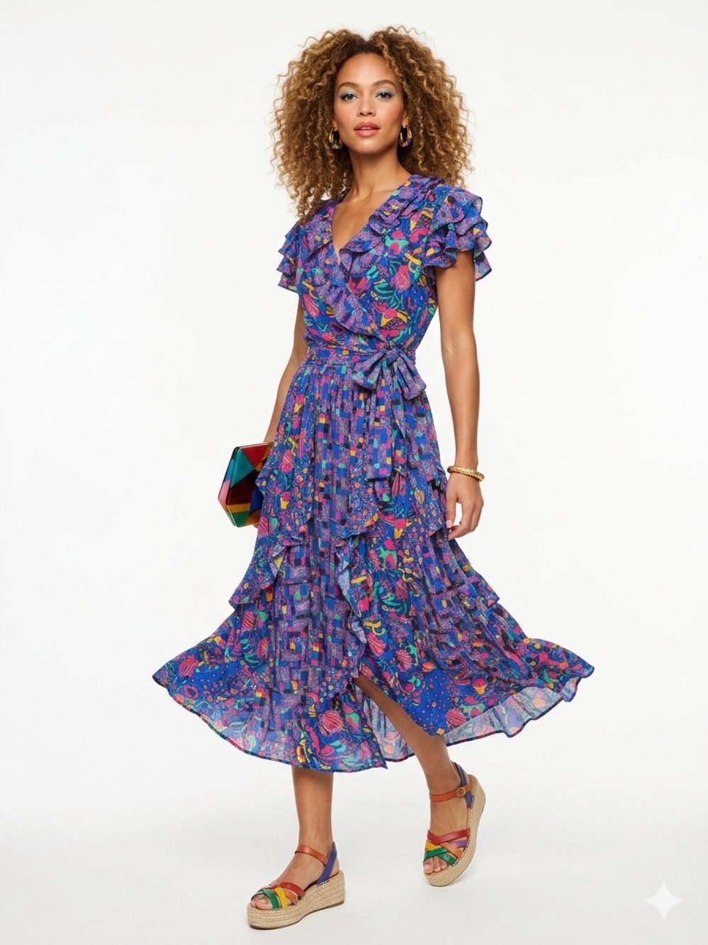 Vintage 80s Abstract Print Ruffle Wrap Midi Dress Colorful Boho S/M